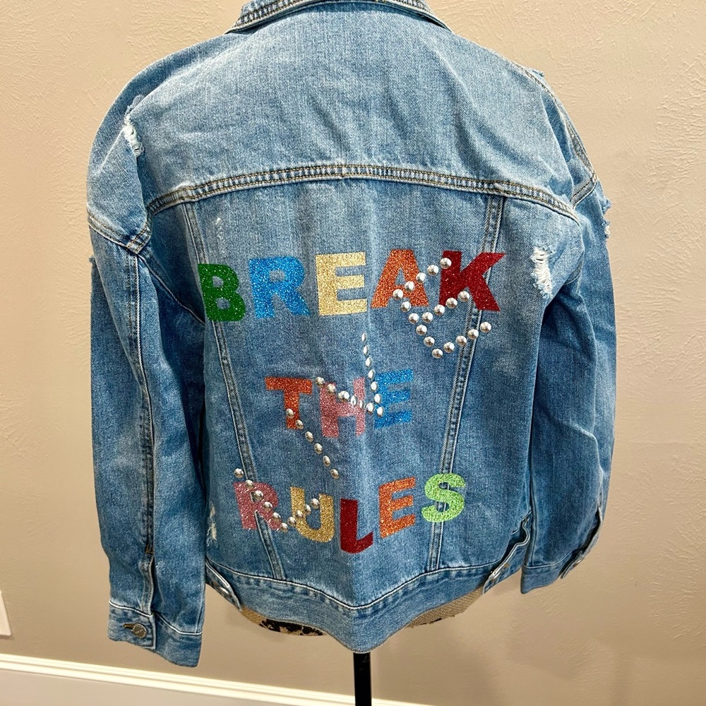 Hipchik couture Jean jacket. Size M. Distressed cute back  LIVE in silver studs